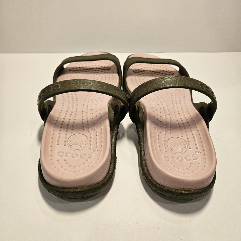 Crocs Cleo Women 5 Olive Green Grey Pink Dual Strap Comfort Slide Sandals - Picture 4 of 8